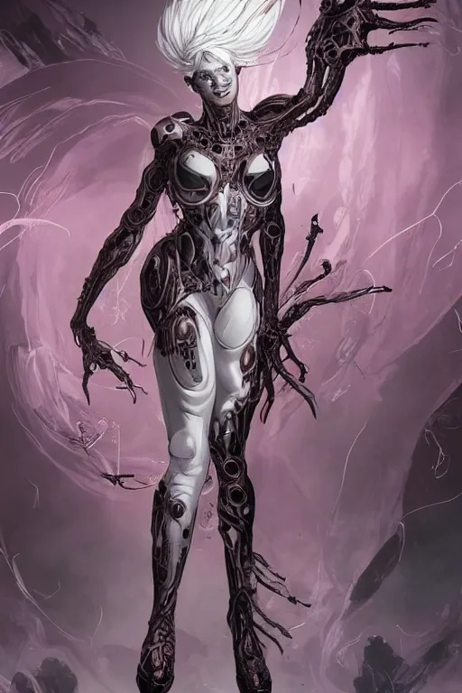 Prompt: comic art,Sprial, a gorgeous beautiful female six-armed Mutant and Cyborg Sorcerer with white hair long legs standing at a dimensional gateway,full character design,8k,art by Stanley Artgermm,Travis Charest,Carne Griffiths,trending on Artstation,face enhance,hyper detailed,full of colour,cinematic,dynamic lighting