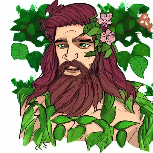 Image similar to male firbolg druid with vines and hibiscus flowers as hair simple drawing, comic style