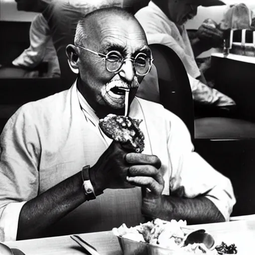 Image similar to Ghandi Chowing down on a feast in mcdonalds