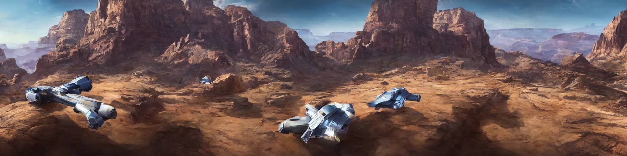 Image similar to spacecraft speed race road into the mountain rocks like grand canyon. Illustration by Blizzard and Ubisoft