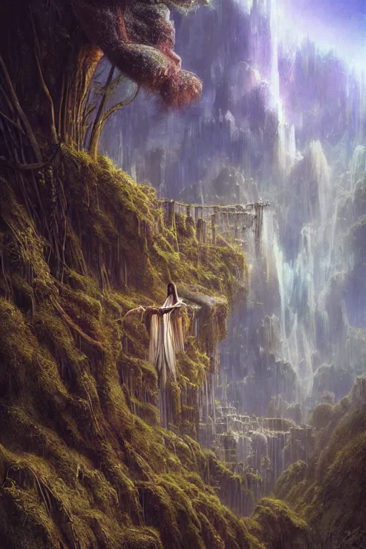 Image similar to amazing concept painting, by Jessica Rossier and HR giger and Beksinski, Rivendell, terraces, hallucination, garden of eden