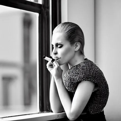 Prompt: black and white fashion photo of a model woman smoking a cigarette by the window