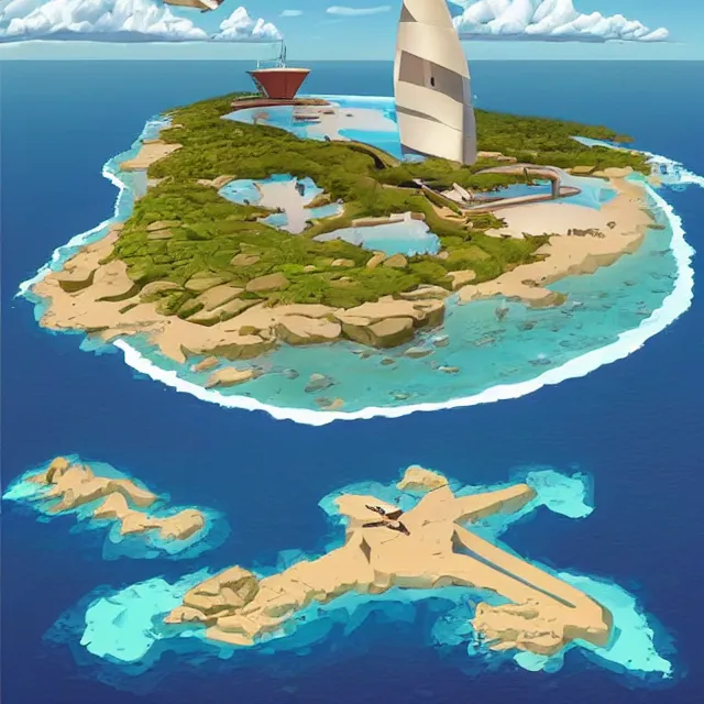 Image similar to a remote island research station in the middle of the ocean, rhads!!!, magical realism, archipelago!, urban fantasy, saturday morning cartoon, clean linework, ( alexander archipenko ), western animation