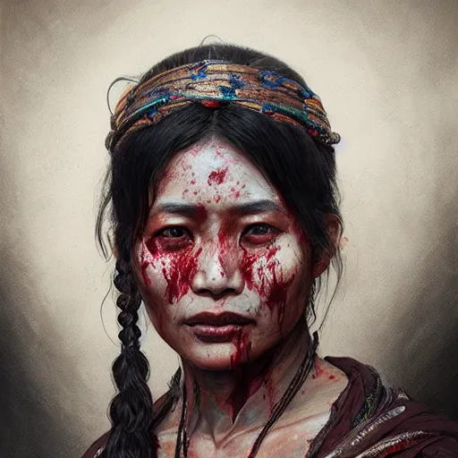 Prompt: portrait painting of a bloodied nepali female butcher from behinf, ultra realistic, concept art, intricate details, eerie, highly detailed, photorealistic, octane render, 8 k, unreal engine. art by artgerm and greg rutkowski and alphonse mucha