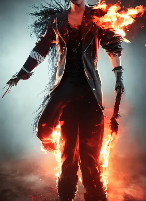 Image similar to An epic fantasy comic book style portrait painting of young man with long red spiked hair. Wearing a black waistcoat, white shirt, using googles. Blasting fire on his hands. Unreal 5, DAZ, hyperrealistic, octane render, cosplay, RPG portrait, dynamic lighting