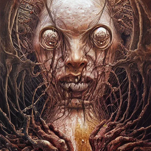 Image similar to the divine wrath of god, body horror, biopunk, oil on canvas, creative design, by zdzisław beksinski, marco mazzoni, peter gric