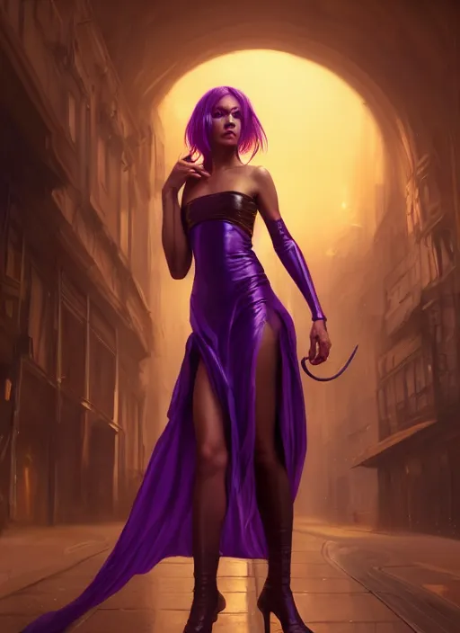 Image similar to young woman wearing night dress : : purple - gold streets cyberpunk : : weta disney pixar movie still photo : : decadent highly - detailed digital painting, heroic pose, full length shot, golden ratio, octane render, artstation, smooth, sharp focus, artgerm, mucha, loish, wlop, gogo