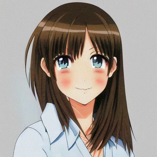 Prompt: A medium shot anime portrait of a happy light brown-haired brunette anime woman with blue eyes, a single short ponytail, parted light brown hair, bare forehead, blue-eyed, bright blue eyes, thick jawline, uniform teeth, big thick lips, round face, big round nose, closed lips, wearing a t-shirt, solid blue background, by Stanley Artgerm Lau, WLOP, Rossdraws, James Jean, Andrei Riabovitchev, Marc Simonetti, and Sakimi chan, trending on artstation