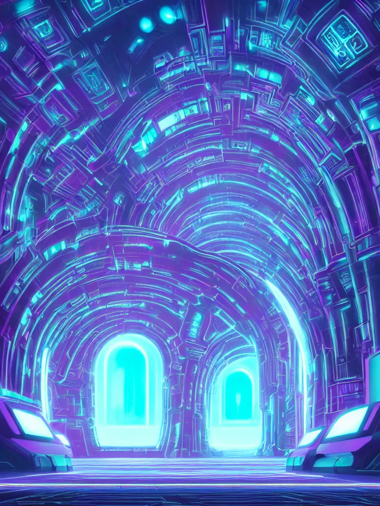 Prompt: symmetrical entrance to mainframe ethereal realm, ai sentient, octane render, symmetrical composition, dreamy colorful cyberpunk colors, 6 point perspective, fantasy landscape with anthropomorphic terrain in the styles of igor morski, jim warren and rob gonsalves, intricate, hyperrealistic, volumetric lighting, neon ambiance, distinct horizon