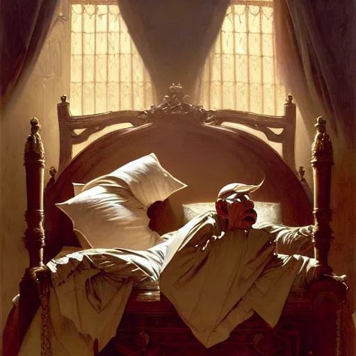 Image similar to the pope wakes up is his bed, sweating, nervous, terrified, because a double horned shadow demon lurks in the wall of the papal bedroom. highly detailed painting by gaston bussiere, j. c. leyendecker, greg rutkowski, craig mullins 8 k