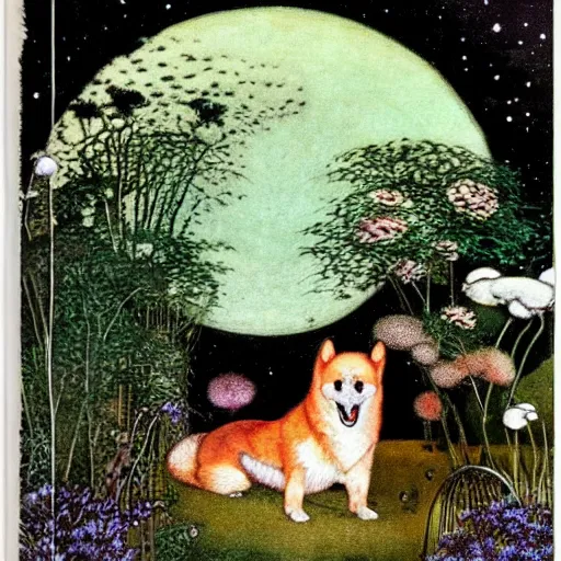 Prompt: red akita inu dog in a moonlit garden, by warwick goble and kay nielsen