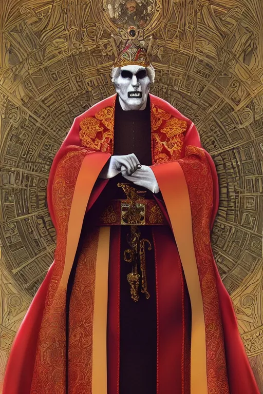 Prompt: portrait of an evil pope in ceremonial robes plotting against humanity, ghost, Papa Emeritus, highly detailed, digital painting, artstation, concept art, sharp focus, illustration, art by artgerm and greg rutkowski and alphonse mucha