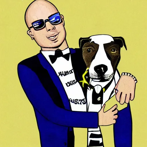 Prompt: pitbull, both the celebrity and the dog, illustration by jeff kinney