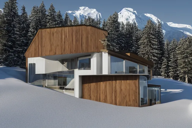 Image similar to modern modern fachwerk house with in the forest on the foot of Elbrus mountain covered by snow on the background, architecture, 3d render 8k , high details