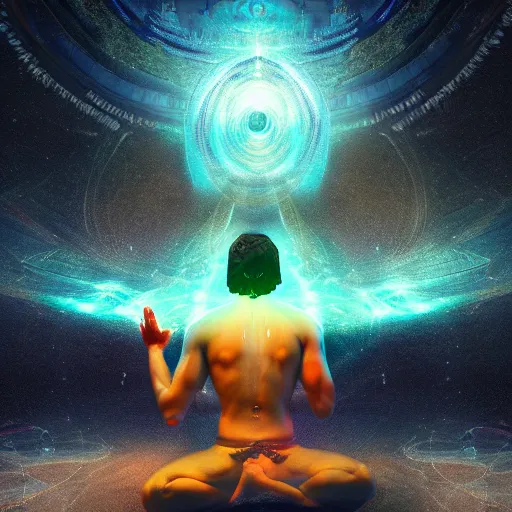 Image similar to Epic wide angle portrait of Shiva generating the universe with his dance, digital painting, octane render, glowing colors