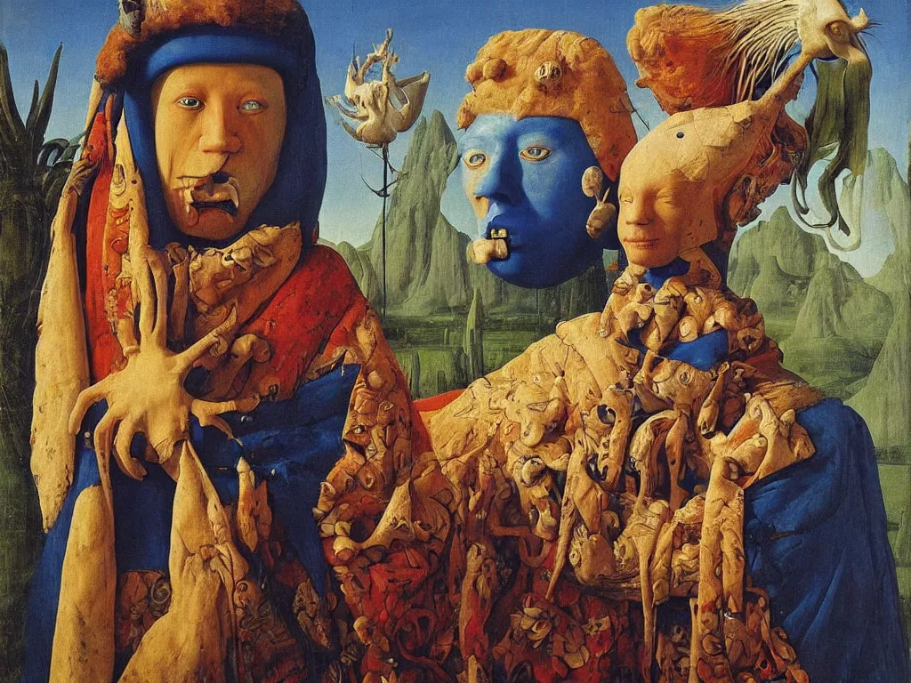 Image similar to portrait of albino mystic with blue eyes, with beautiful exotic, archaic, prehistoric, simple, giant Oceanian mask, sculpture. Night. Painting by Jan van Eyck, Audubon, Rene Magritte, Agnes Pelton, Max Ernst, Walton Ford