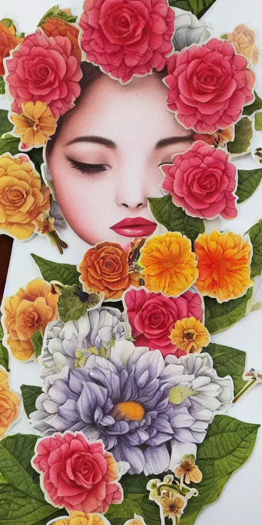 Prompt: beautiful flower, by tran nguyen, warm colors, cozy, etsy stickers, white border, sticker sheet, individual sticker