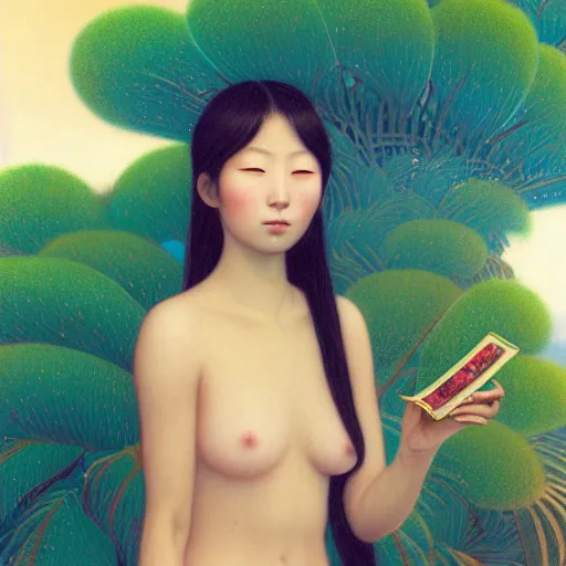 Prompt: a ultradetailed beautiful painting of a german japanese girl in amazonas by hsiao ron cheng, ngai victo, nivanh chanthara jean delville wlop and dougherty patrick, trending on artstation, mediterranean, palm trees, light sparkles, major arcana sky, sharp focus, soft light