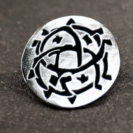 Image similar to metal round badge for clothes, atom and eternal life pattern, transhumanism, laser engraved on metal