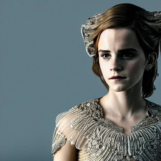 Prompt: a regal emma watson wearing an intricate and detailed armor made of ocean waves. layers. textures. delicate. elaborate. translucent. soft. ethereal. fragile. vulnerable. studio portrait. photorealistic. octane render