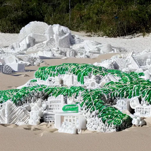 Prompt: jungle made of styrofoam on beach