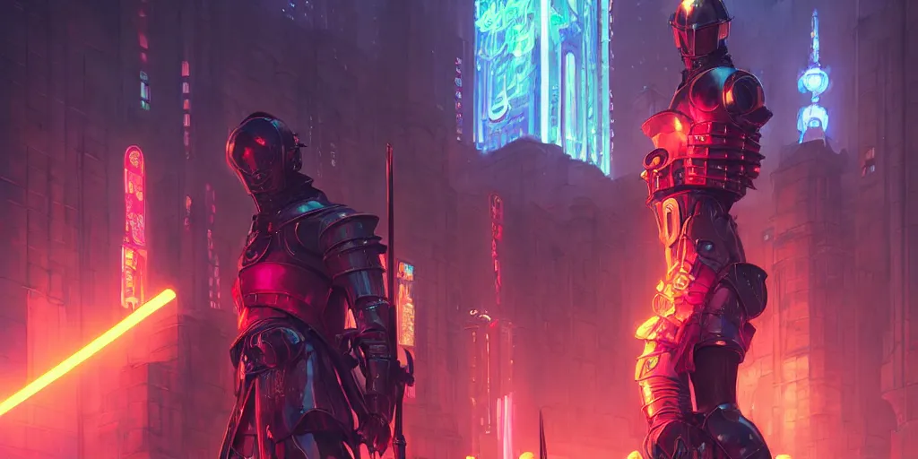 Prompt: medieval knight standing in a neon lit futuristic city, wlop, ilya kuvshinov, artgerm, krenz cushart, greg rutkowski, hiroaki samura, range murata, james jean, katsuhiro otomo, erik jones, serov, surikov, vasnetsov, repin, kramskoi