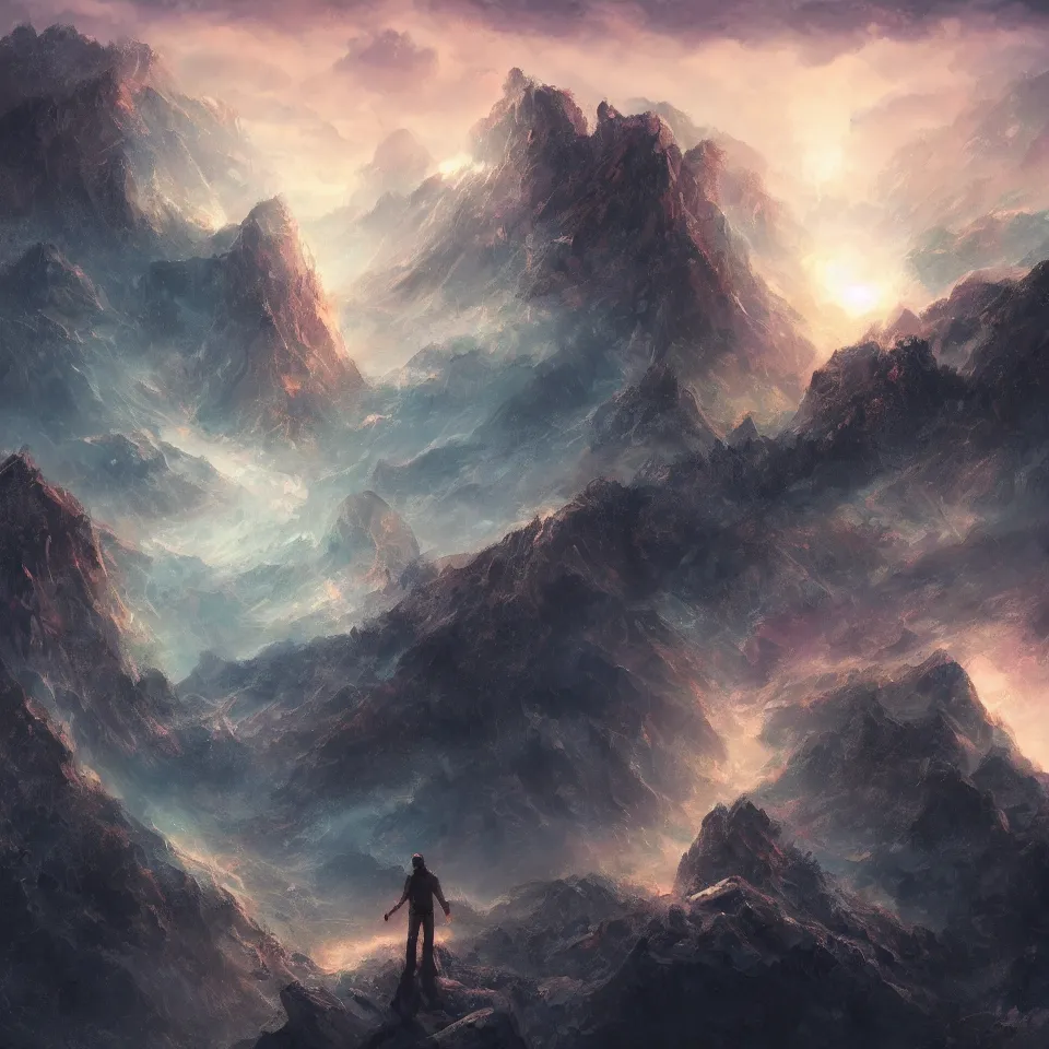 Prompt: man standing on edge of the mountain, galaxy in the sky,digital art, concept art, fantasy art, highly detailed, HD wallpaper, artstation, Deviantart, abeyance