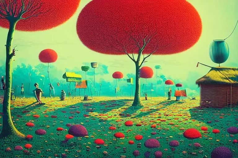 Prompt: surreal glimpse into other universe, kok samui, summer morning, very coherent and colorful high contrast, art by!!!! gediminas pranckevicius!!!!, geof darrow, floralpunk screen printing woodblock, dark shadows, hard lighting, stipple brush technique,