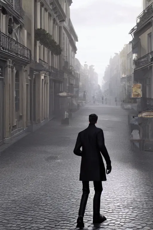 Prompt: in the foreground a Parisian street, in the background a dark-haired man from behind wearing a long matrix style jacket and starting to fly away, realistic, high definition, great detail, dramatic scene, detailed and realistic hands, symmetrical face, realistic eyes, art of unreal engine 5