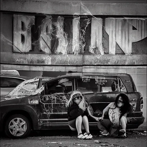 Image similar to “ group of goth punks smoking cigarettes sitting on car at an abandoned 7 - eleven convenience store, apocalyptic, photorealism, detailed ”