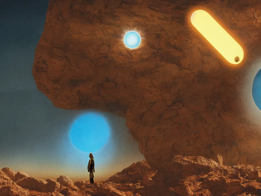 Image similar to levitating bene gesserit with full - face golden mask and glowing eyes in a dry rocky desert landscape, visible sky and sunny atmosphere, fata morgana giant mirrors, black hole in the sky by alejandro jodorowsky, anamorphic lens, kodakchrome, cinematic composition, practical effects, 8 k,