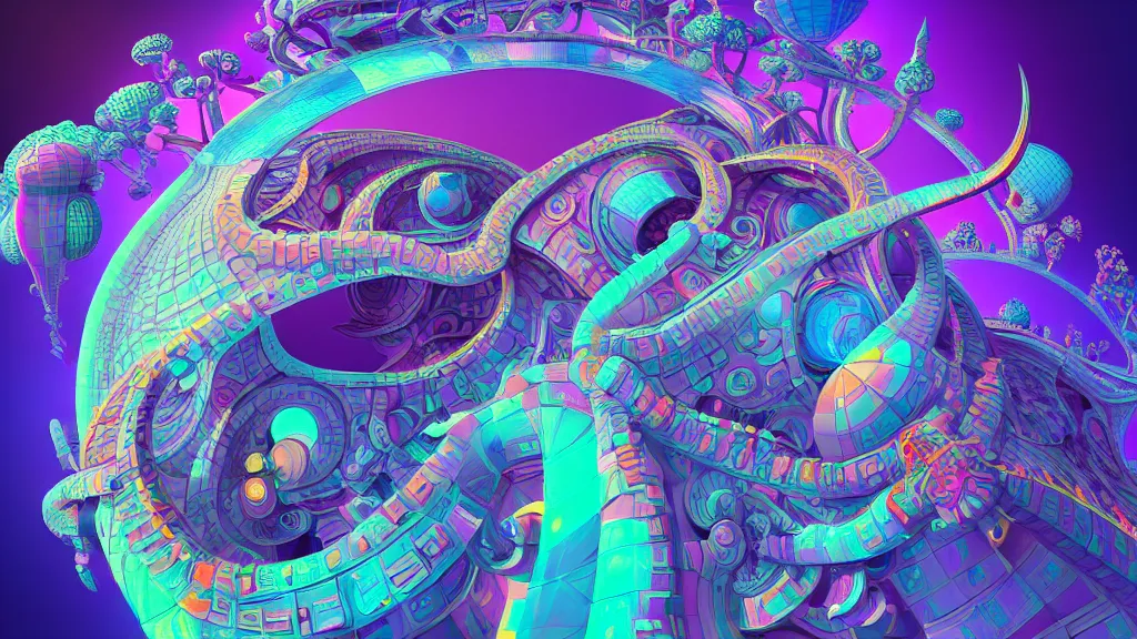 Prompt: a hyperdetailed painting vibrant vectors forming impossible interdimensional shapes that transcend space and time, ambient occlusion, 3 d model, quantum fractals, magic realism inspired by psychadelia and ancient architecture of thailand, trending on artstation,