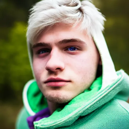 Image similar to close up of face of a 1 8 year old man, with white hair, green eyes, wearing a purple hoodie, lazy, 8 5 mm f / 1. 4