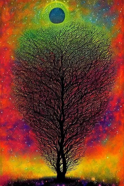 Image similar to surreal neil gaiman's sandman, Dream, magic realism, flowerpunk, mysterious, A tree fades into starry space, vivid colors, by andy kehoe, amanda clarke