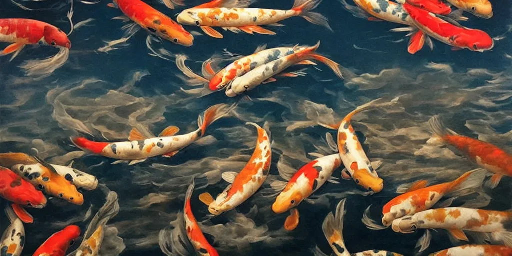 Image similar to beautiful oil matte portrait painting, giant flying koi fishes over manhattan at dusk, wonderful masterpiece highly detailed, beautiful cinematic light deep focus, elegant, digital painting, smooth, sharp focus, golden ratio, dramatic illumination, ultra realistic, 8 k, art by artemisia lomi gentileschi and caravaggio