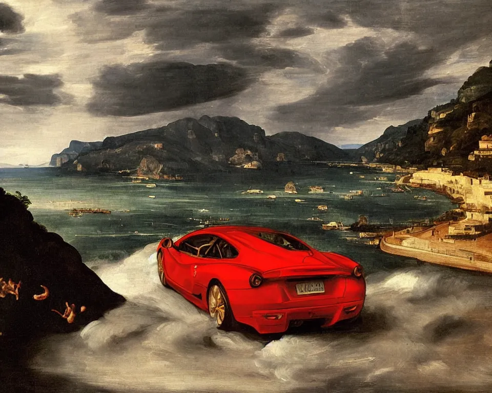 Image similar to a magnificent oil painting of a Ferrari driving along the amalfi coast, in a thunderstorm, by Raphael and Caravaggio.