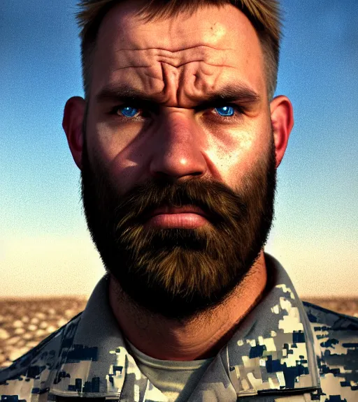 Image similar to portrait of muscular, tired and alcoholic 3 0 - year - old grieving man with short darkblonde hair, serious sad look in his eyes, looking down, dirty beard, blue eyes, crying tears, wearing dirty soldier uniform, on the desert, sad atmosphere, hyper realistic face, character art, art by mark brooks, cryengine, trending on artstation, digital art