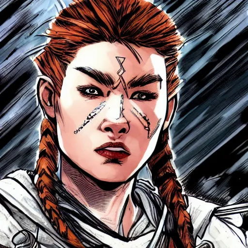 Prompt: portrait of angry Aloy from Horizon: Zero Dawn, comic book illustration, by John Kirby
