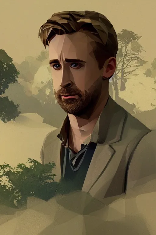 Image similar to beautiful cottage Ryan Gosling low poly computer 3d model, complex, elegant, highly detailed, digital painting, artstation, concept art, smooth, clear focus, illustration, works by artgerm, Greg Rutkowski and Alphonse Mucha