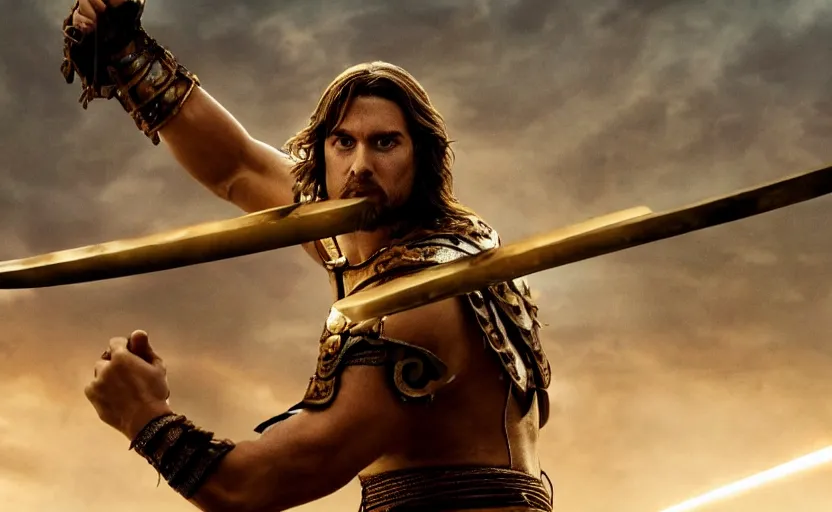 Prompt: cinematic still of a warrior with brown hair wielding a golden hilted sword in the style of 300 movie,