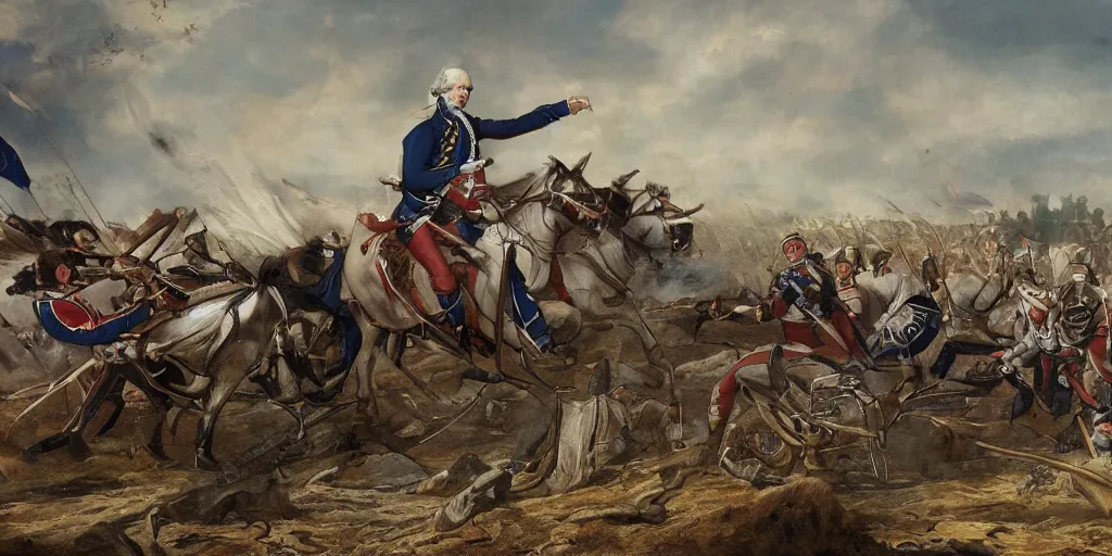 Image similar to George Washington rides a motorcycle to attack the British army in the revolutionary war, epic, cinematic, concept Art, detailed, 4K