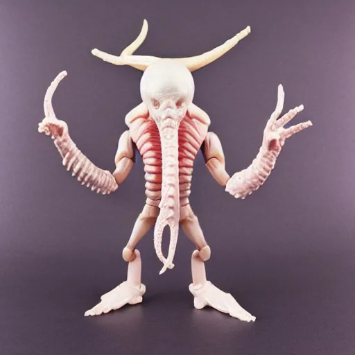 Image similar to 1980s plastic vinyl action figure toy of Cthulu creature with muscular arms, studio photography isolated on a white background