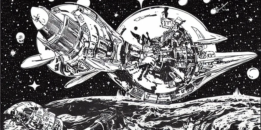 Prompt: spaceship in space flying to the mars by joe fenton and virgil finlay