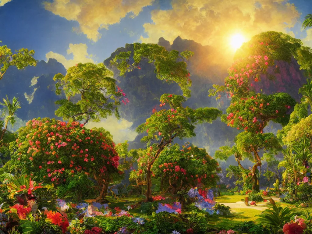 Prompt: kauai springtime, universe is a spheroid region 7 0 5 meters in diameter, sunlight study, art nouveau, by jan davidsz de heem and ( ( ( ( ( lisa frank ) ) ) ) ) and albert bierstadt, 8 k, extreme detail, sharp focus, octane render