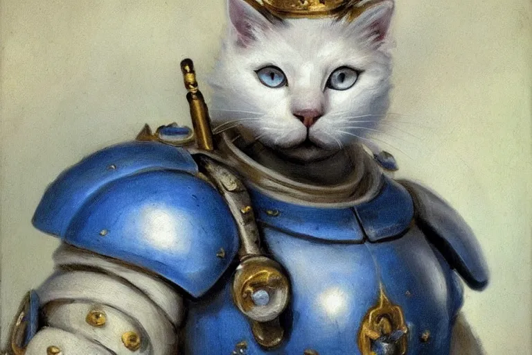 Prompt: a portrait of a cute white cat as a Space Marine from the Warhammer 40k, ultramarine space marine cat, blue armor, glorious, masterpiece painting by Rembrandt, shoulderpad with omega white symbol, cute eyes