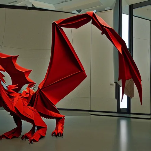 Prompt: dragon origami in a museum, photorealistic, accurate