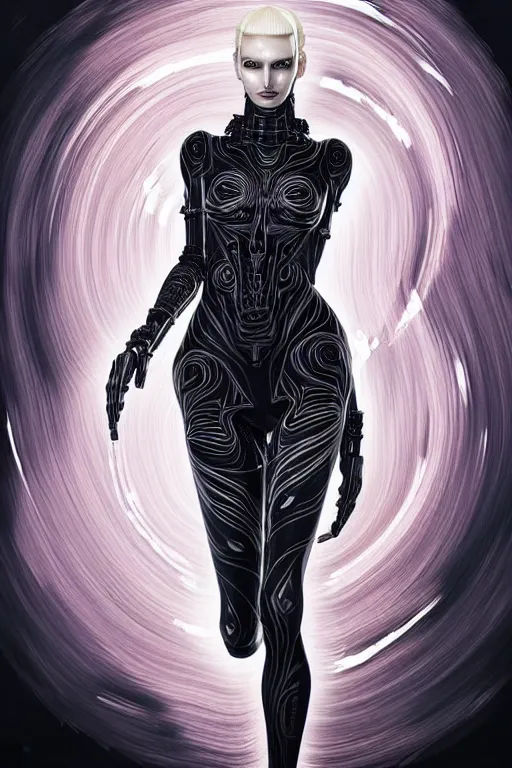 Image similar to Supermodel woman turning into an Android portrait, dark surrealism , scifi, intricate design, elegant, sharp black eyebrows, ornate long platinum neon blonde hair and small black strand streaks, highly detailed cybernetic body, glowing eyes, digital painting, artstation, concept art, smooth, sharp focus, illustration, art by Artgerm and moebius and Peter Mohrbacher