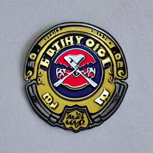 Image similar to high school badge, lapel, pinnable, highly detailed, grey background, restrained