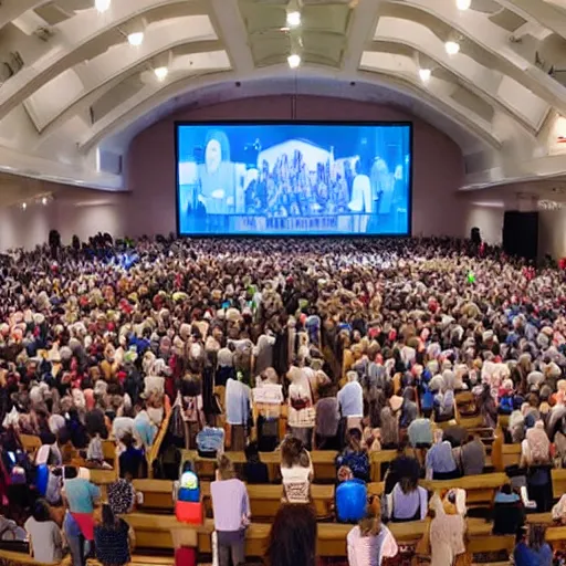 Image similar to large church congregation in service with a robot on a huge screen