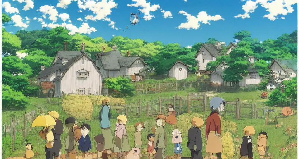 Prompt: Anime visual of a cozy farm; illustrated by Hayao Miyazaki; anime production by Studio Ghibli; high quality; visually stunning; majestic; fall; poster; official media